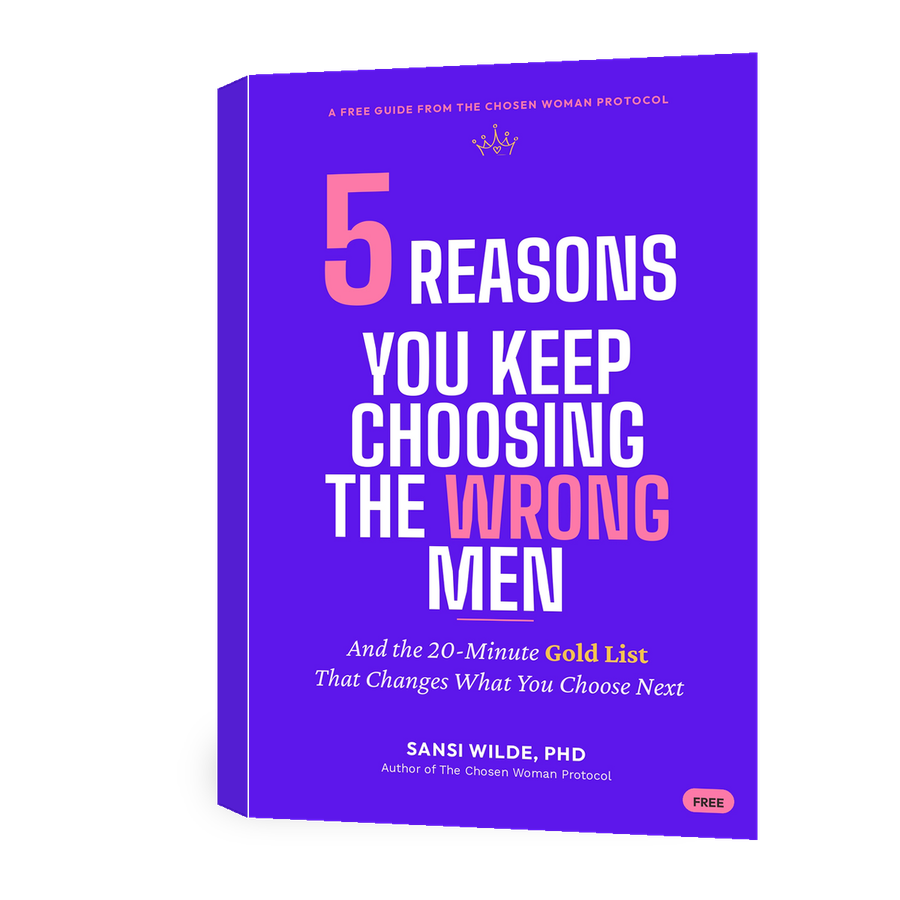 Cover of the free guide 5 Reasons You Keep Choosing the Wrong Men by Sansi Wilde, PhD